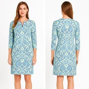 J.McLaughlin Dress Women XS Blue Green Paisley Long Sleeve Shift Knee Length